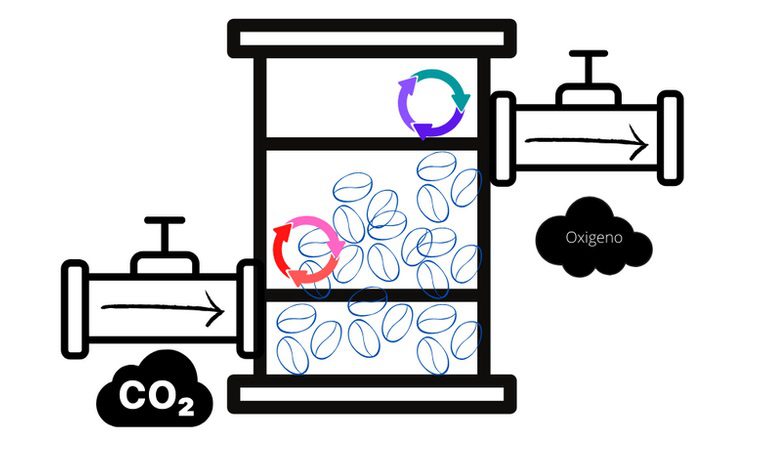 En el esquema se ve cómo las cerezas están metidas en el tanque y se le inyecta CO2 a la vez que sale el oxígeno.